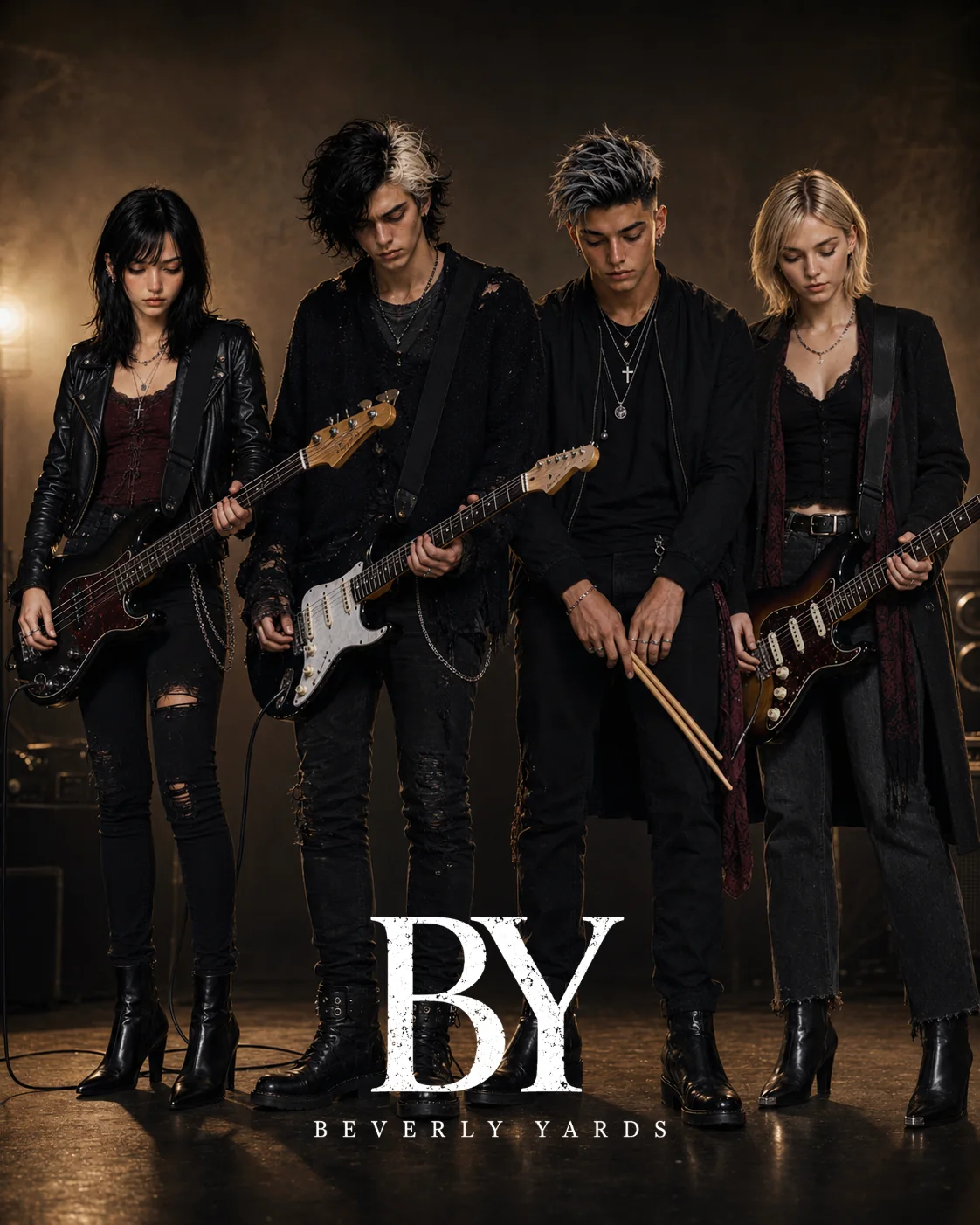 Beverly Yards, a fictional four-piece alternative band, standing together with their instruments