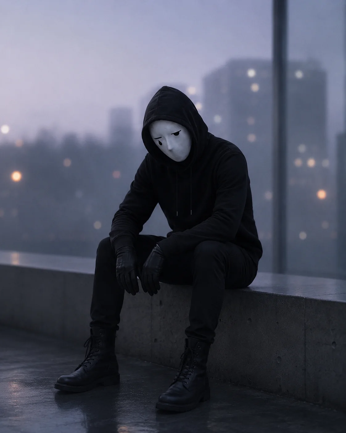Dim sitting alone in a rainy city landscape