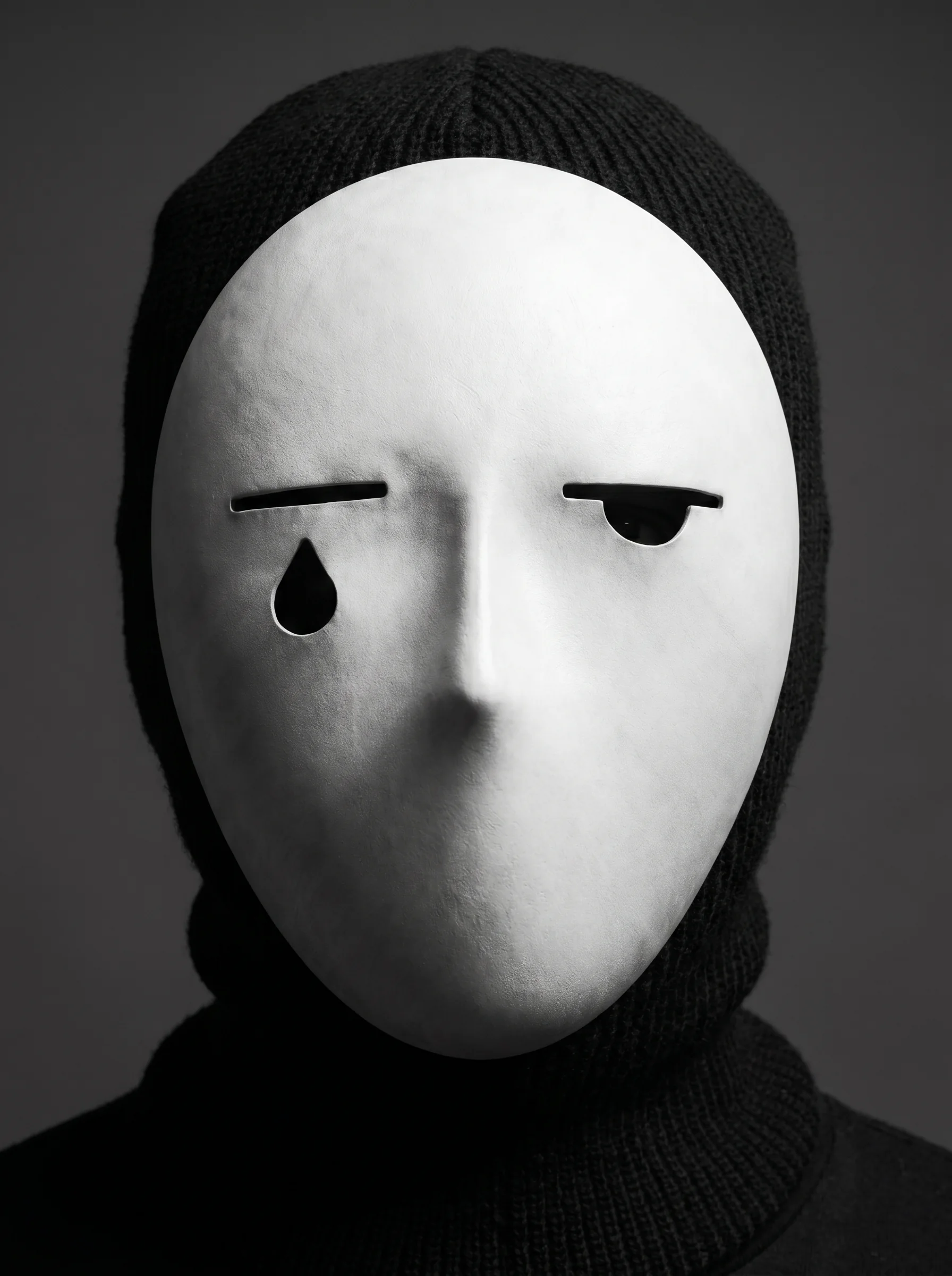 Portrait of Dim wearing a black hood and a smooth white mask with asymmetric black tears