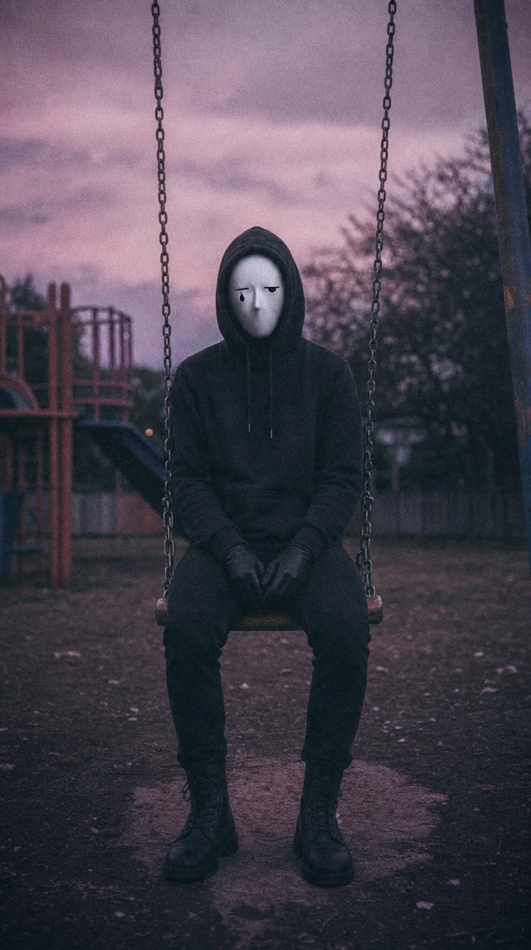 Dim sitting alone on a playground swing at dusk